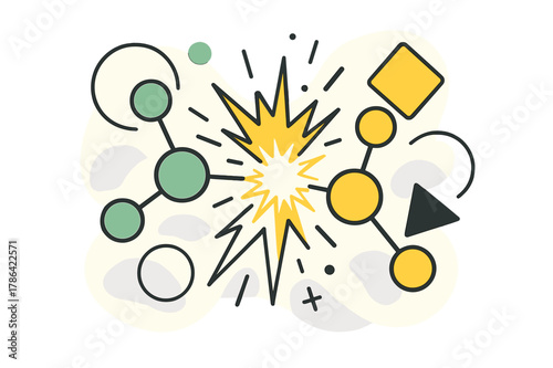 Scientific Transformation Scene. Catalyst. Molecules colliding with floating abstract geometric shapes and energy sparks, vibrant and scientific transformation