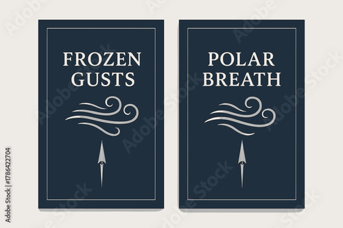 Winter Compass Banners. Winter Gust. Two vertical A6 banners with safe margins, centered composition, no elements touching edges, minimal, navy and silver,