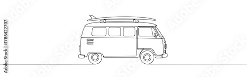 Continuous line drawing of a retro van with a surfboard on top, representing travel, adventure, and beach lifestyle, isolated on a white background