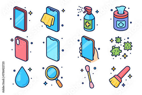 Phone Maintenance Icons. Phone maintenance. Colorful isometric vector icons set of phone maintenance: smartphone, cleaning cloth, disinfecting spray, wipes,