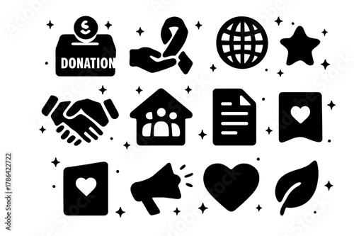 Charity Icons Collection. Charity and Support Foundations. Solid icons set of Charity and Support Foundations: donation box, coin hand, charity ribbon, globe,