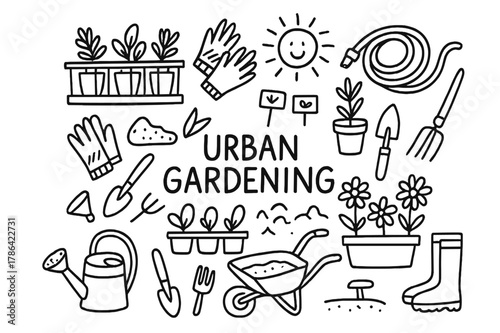 Urban Gardening Essentials. Urban Gardening. Hand-drawn doodle illustration Urban Gardening balcony plants, pots, watering can, gloves, trowel, shovel,