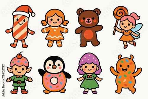 Collection of cute cartoon characters including christmas candy fairy elf penguin and bear