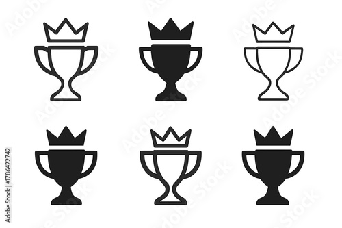 Championship Trophy Logos. Championship trophy. Set Logo of Championship trophy: Crown over trophy. Icon set. harmonious logo variations of the same emblematic