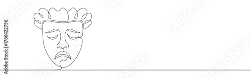 Continuous line drawing of a sad theatrical mask, symbolizing drama, emotion, and performing arts, isolated on a white background