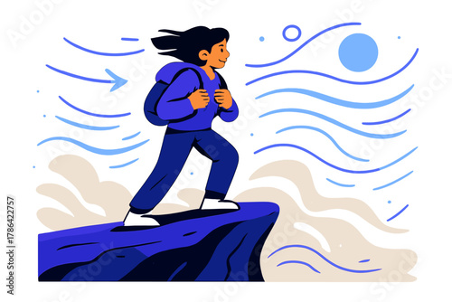 Windy Cliff Adventure. Windy cliff edge. Person holding onto backpack straps as desert winds swirl around;