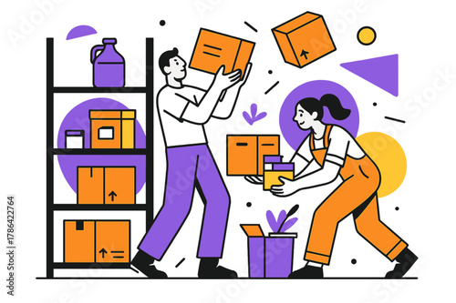 Modern Warehouse Restock. Restocking Supplies. Warehouse shelves being filled with boxes and supplies with floating abstract geometric shapes, productive and