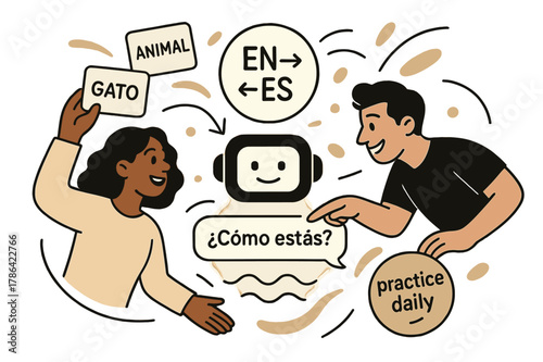 Dynamic Language Learning. AI Assistants ? Language Tutor. Word cards drift between two bubbles labeled ?EN - ES?; pronunciation waves glide under a