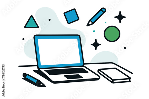 Minimalist Office Illustration. Minimalist office. Clean desk with laptop, notebook, and abstract floating