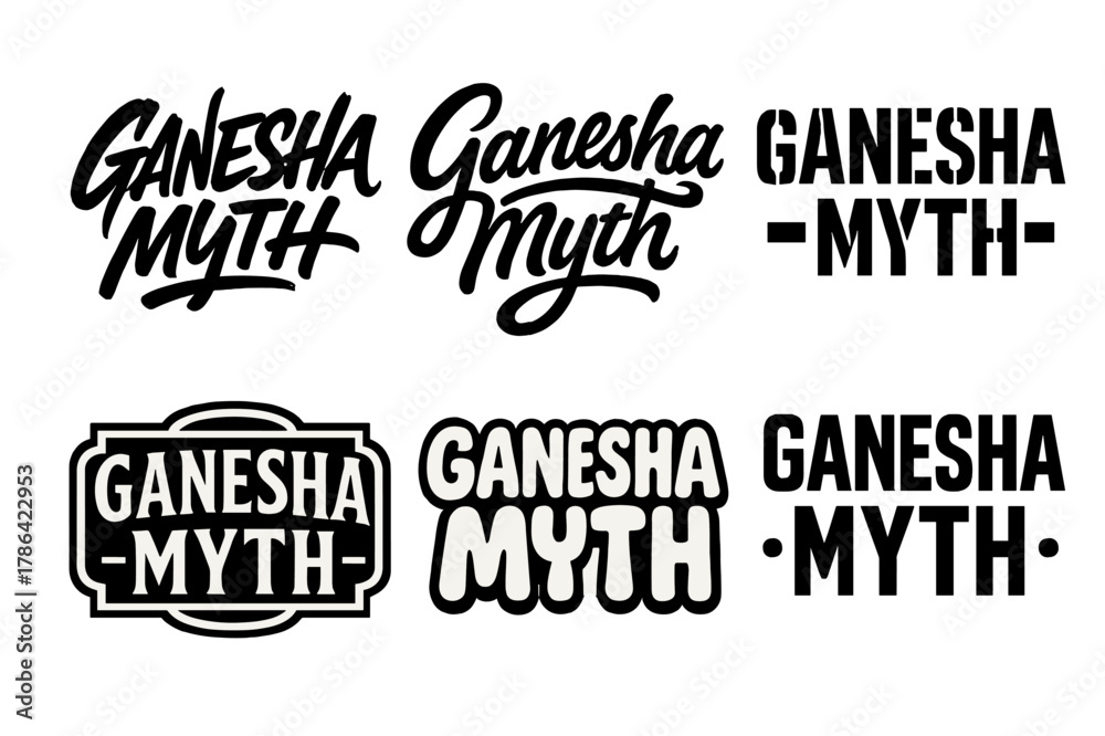 Obraz premium Ganesha Lettering Variations. Ganesha Myth. Set lettering. harmonious lettering variations of the same emblematic concept, each with different artistic