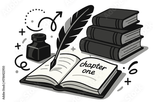 Writer's Desk Essentials. Antique Books ? Writer?s Desk. Ink bottle, feather pen, and open ledger with soft shadows. A subtle note reads ?chapter one?. Modern