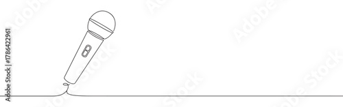 Continuous line drawing of a microphone, symbolizing music, speech, recording, and communication, isolated on a white background