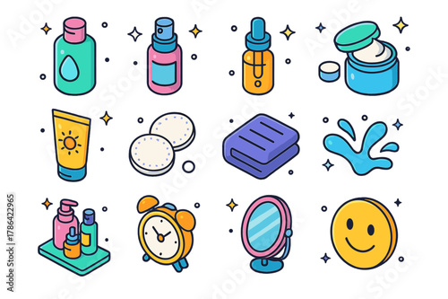 Daily Skincare Icons. Daily skincare routine. Colorful isometric vector icons set of Daily skincare routine: cleanser bottle, toner spray, serum dropper,