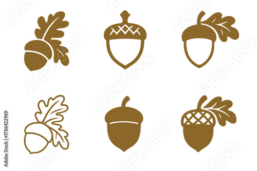 Acorn Logo Variations. Nut gathering. Set Logo of Nut gathering: acorn with oak leaf. harmonious logo variations of the same emblematic concept, each with