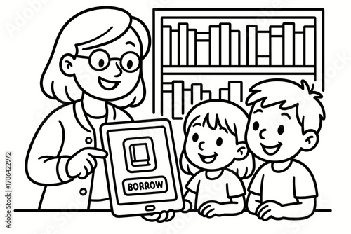 Librarian Helps Kids. Digital librarians children?s coloring book illustration, outlined drawing, smiling