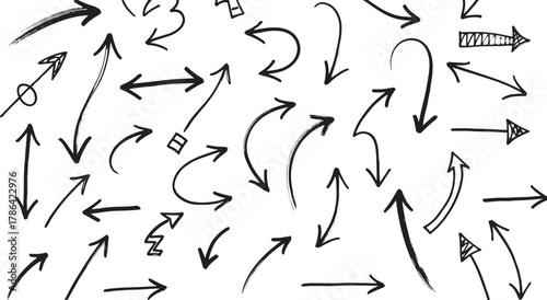 Hand-drawn black arrow collection pointing in various directions on a clean white background, conveying movement, choice, and guidance concepts 