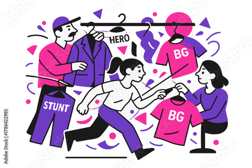 Costume Rack Chaos. Behind-the-scenes filming ? Costume rack rush. Hangers swing like pendulums; tags ?HERO?, ?STUNT?, ?BG? flutter. A zipper line zips across