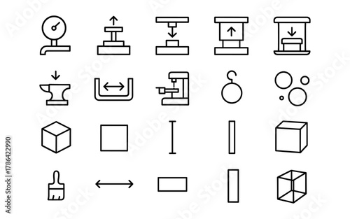 Minimalistic line icons: pressure gauges, machinery, and geometric shapes
