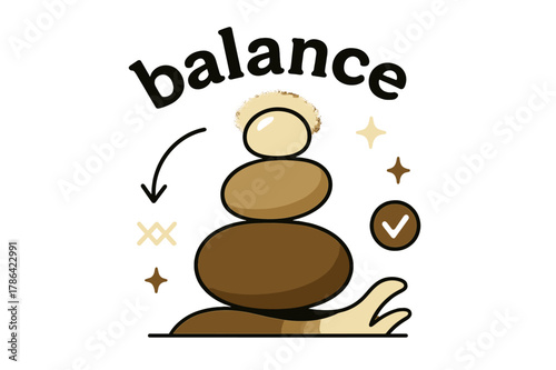 Balance in Motion. Pebble ? Balance Stack. Three stones arranged from large to small; faint glow around the top pebble. Caption ?balance? curves like a breeze.