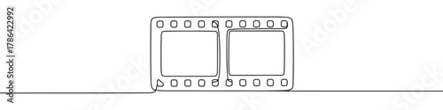 Continuous line drawing of a film strip, symbolizing cinema, photography, and vintage media, isolated on a white background