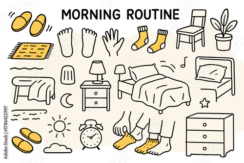 Cozy Morning Essentials. Morning routine. Hand-drawn doodle illustration slippers (colored), feet (colored), hands (colored), socks (colored), chair (colored),