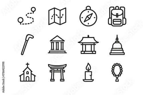 Pilgrimage Icons Set. Pilgrimage route. Line outline icon set of pilgrimage route: pathway, map, compass,