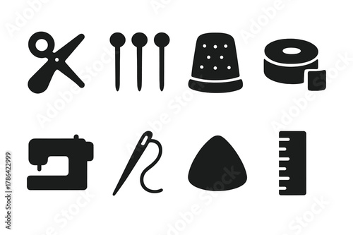 Sewing Tools Icons. Sewing tools. Filled icon set of sewing tools: scissors, pins, thimble, tape measure,