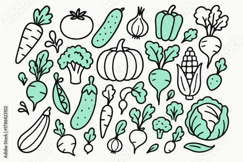 Colorful Vegetable Doodles. // Fresh vegetables. Hand-drawn doodle illustration fresh vegetables [carrot (accented), tomato, cucumber (accented), onion,