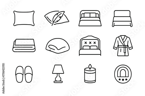 Luxury Bedding Icons. Luxury Bedding. Line icon set of Luxury Bedding: silk pillowcase, feather pillow, comforter, bed runner, high thread sheet, duvet,