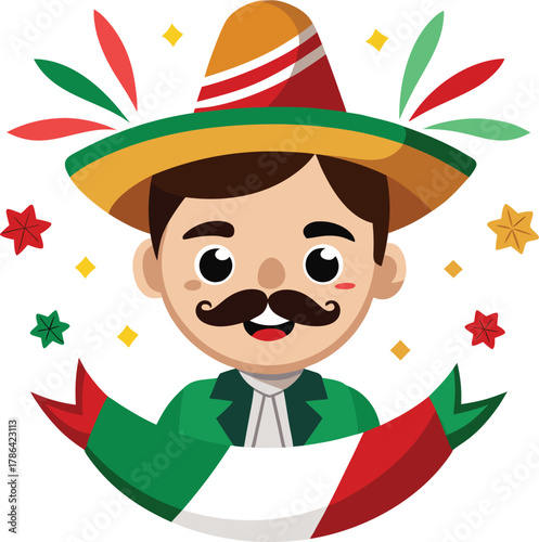 Cartoon Mexican Man Wearing Sombrero and Mexican Flag Ribbon