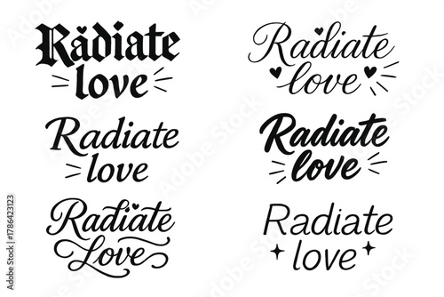 Radiate Love Calligraphy. Radiate love. Create a calligraphy lettering illustration of the phrase: Radiate