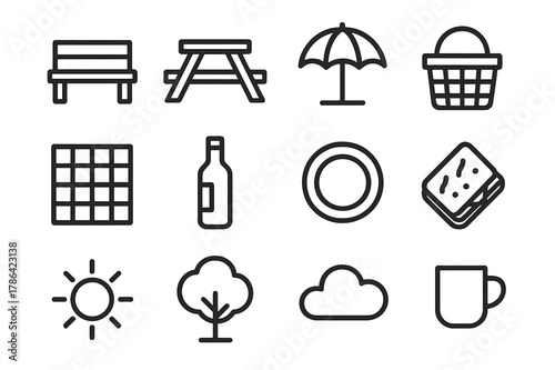 Picnic Icon Set. Weekend picnic. Line outline icon set of weekend picnic: bench, picnic table, umbrella,