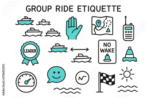 Group Ride Etiquette Icons. // Group ride etiquette. Hand-drawn doodle illustration Group ride etiquette [formation icons (accented), hand signal (accented),