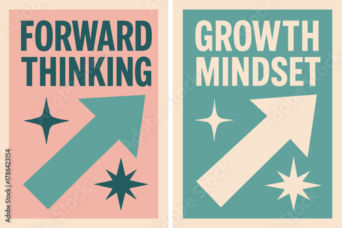 Retro Motivational Banners. Forward thinking. Two vertical A6 banners with safe margins, centered composition, no elements touching edges, retro, pink and