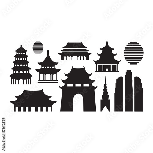 Black Silhouette Collection of Asian Pagodas Temples and Modern Skyscrapers asian architecture