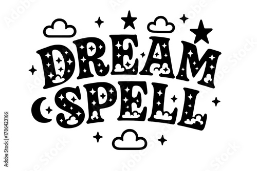 Whimsical Starry Lettering. Dream Spell ? Decorative Display Lettering: whimsical stylized type with tiny