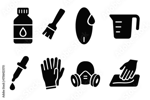 Natural Resin Icon Set. Natural resin application. Filled icon set of natural resin application: resin bottle,