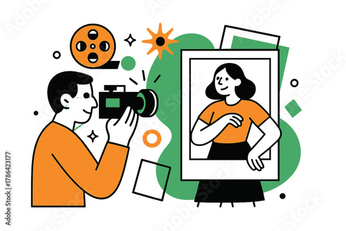 Analog Film Magic. Analog storytelling. A film camera capturing a candid moment, abstract floating icons of