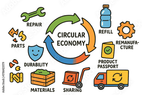 Circular Economy Icons. Circular economy. Colorful Hand-drawn doodle Children illustration Circular economy loop arrows, repair wrench, refill