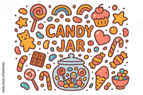 Colorful Candy Delight. Candy jar. Hand-drawn doodle illustration of Candy jar. Glass jar, lollipops, gummy