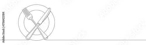 Continuous line drawing of a plate with a crossed fork and knife, representing dining, restaurant, and cutlery, isolated on a white background