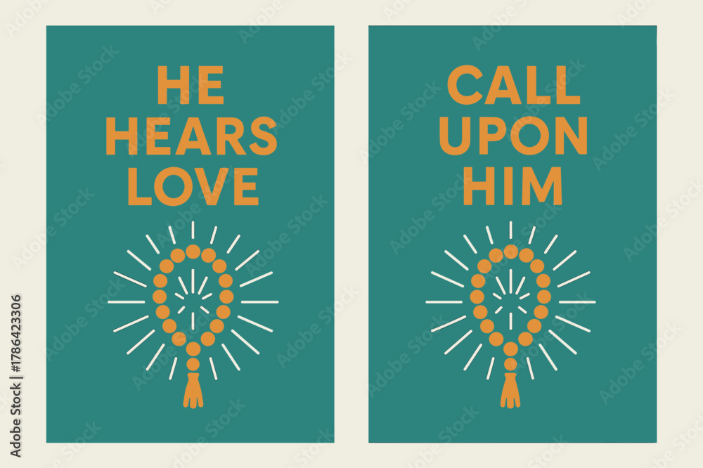 Fototapeta premium He Hears Love & Call. Answered Prayer. Two vertical A6 banners with safe margins, centered composition, no elements touching edges, minimal, turquoise and