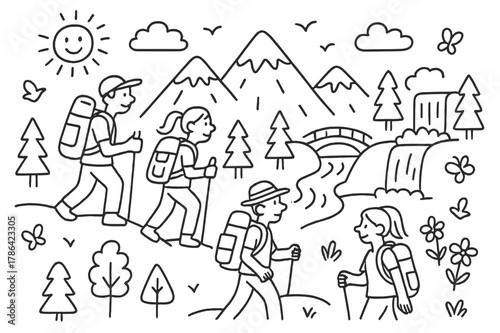 Mountain Hiking Doodles. Hand-drawn doodle illustration. people hiking in mountains. Hand-drawn doodle illustration people hiking in mountains, trees, clouds,