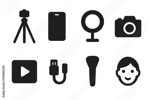 Mobile Filming Icons. Mobile filming setup. Filled icon set of mobile filming setup: tripod, smartphone, ring