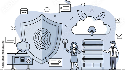 Digital security and cloud data protection concept. biometric fingerprint authentication safeguards server access and online information with it professionals. 