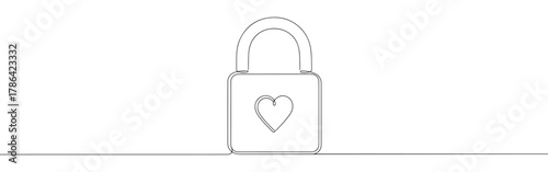 Continuous line drawing of a padlock with a heart, symbolizing love, security, and everlasting commitment, isolated on a white background