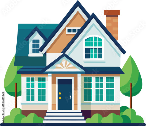 Charming suburban house with green trees and bushes Keywords: house, home, residential, building