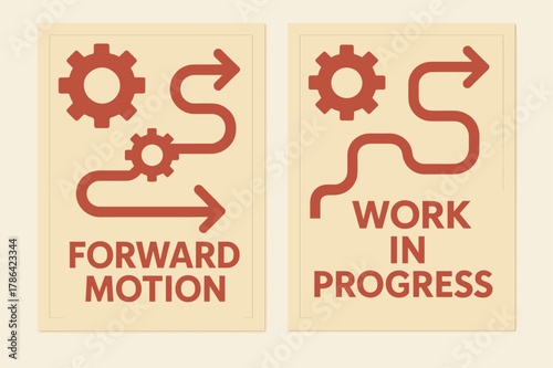 Forward Motion Banners. Forward motion. Two vertical A6 banners with safe margins, centered composition, no elements touching edges, flat vector design, red