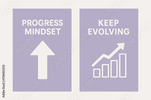 Progress and Growth Banners. Progress mindset. Two vertical A6 banners with safe margins, centered composition, no elements touching edges, minimal, lavender