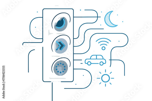 Smart Traffic Night Signals. Nighttime Smart Signals. Traffic lights glow with dynamic patterns; floating